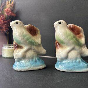 Vintage Pair Ceramic Bird Figurines Green Brown Blue Base MidCentury Decor-HD001